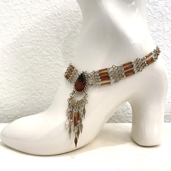 Silver and Brown Beaded Multi-strand Anklet - Picture 2 of 5